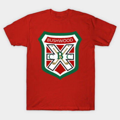 Red t-shirt with Bushwood logo, casual style, made of cotton, perfect for everyday wear or sports events.
