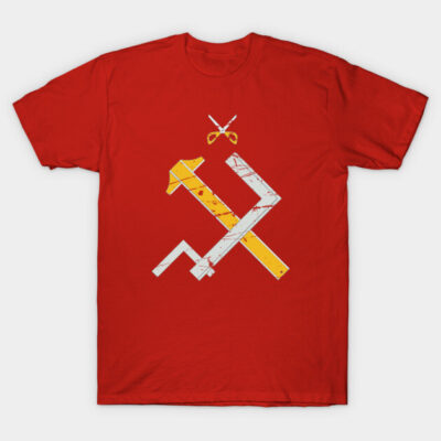 Red cotton T-shirt with unique white and yellow geometric design, ideal for casual wear.