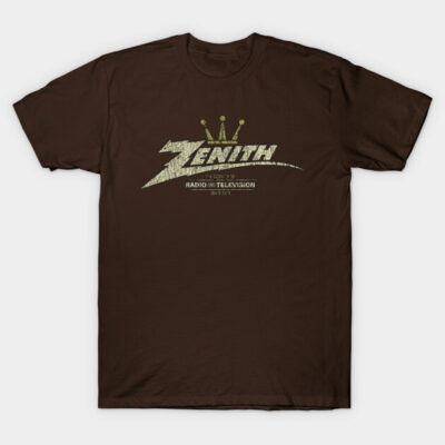 "Brown vintage-style t-shirt with retro Zenith logo, casual wear, 100% cotton, ideal for everyday comfort."