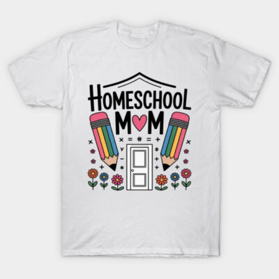 White "Homeschool Mom" T-shirt with colorful pencil and floral design, perfect for casual wear or gifting. Cotton material.