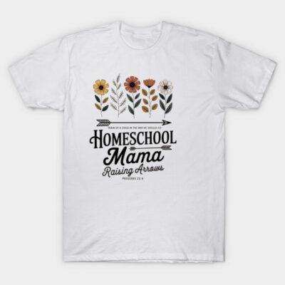 White t-shirt with floral design and "Homeschool Mama Raising Arrows" text, made of soft cotton, casual style.