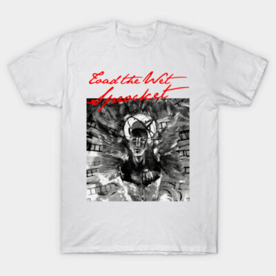 White graphic t-shirt featuring abstract black and white angel design, red text, cotton material, casual unisex style.
