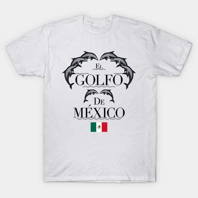 White t-shirt with "El Golfo de México" text, dolphin design, and Mexican flag. Casual wear, cotton material.