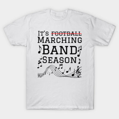 White cotton t-shirt with "It's Marching Band Season" text and musical notes design, ideal for music lovers.