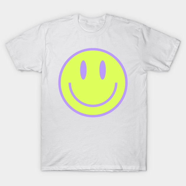 Smiley Face in Green T-Shirt 1 White t-shirt with neon yellow smiley face design, casual style, cotton material, suitable for everyday wear.