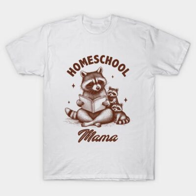 White T-shirt with brown raccoon print, "Homeschool Mama" text, casual style, soft cotton material, unisex design.