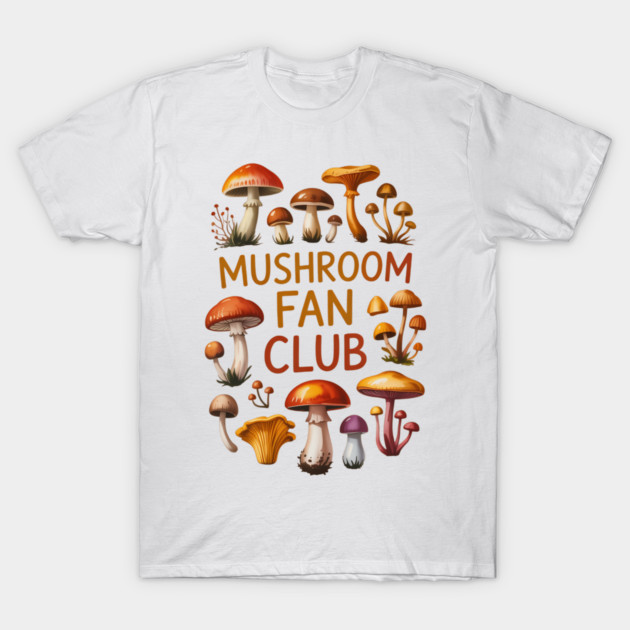 White T-shirt with colorful mushroom illustrations and "Mushroom Fan Club" text, perfect for casual wear.