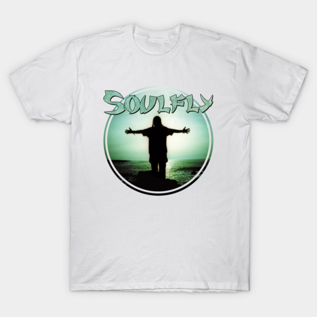White graphic t-shirt with Soulfly logo and silhouette design, casual wear, cotton material, unisex style.