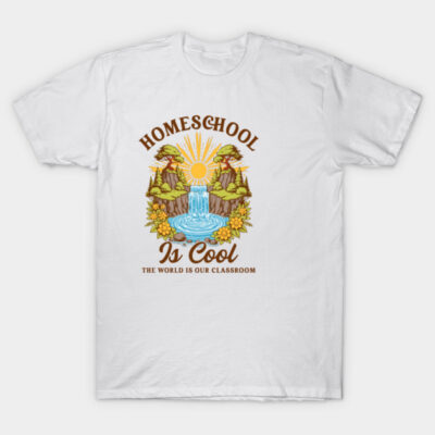 White T-shirt with "Homeschool Is Cool" text, featuring nature-themed graphic, ideal for casual wear.