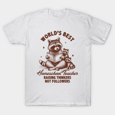 White t-shirt with raccoon print, "World's Best Homeschool Teacher" text, casual style, cotton material, gift idea.