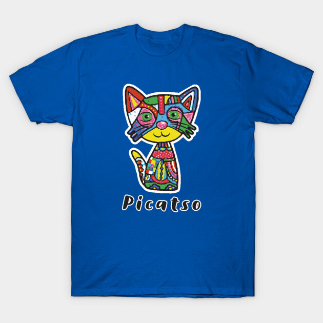 Blue T-shirt with colorful abstract cat design, ideal for casual wear, made from soft cotton fabric.