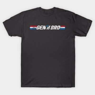 Black cotton t-shirt with "Gen X Bro" graphic in red, white, and blue stripes, casual style for everyday wear.