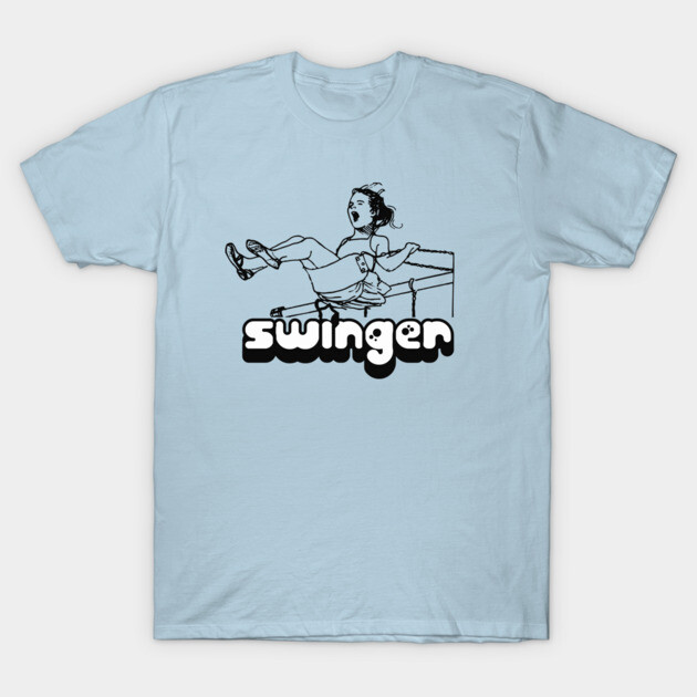 Light blue t-shirt with playful "swinger" graphic, casual style, perfect for everyday wear, comfortable cotton material.