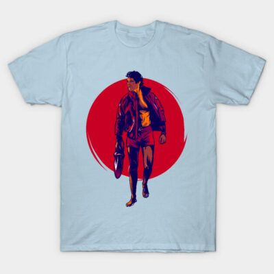 Light blue t-shirt with graphic design of a person in a jacket on a red circle background, casual wear.
