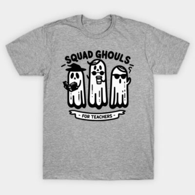 Gray "Squad Ghouls for Teachers" t-shirt featuring ghost design, perfect for Halloween or casual wear.