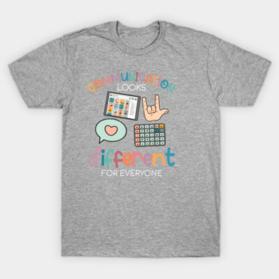 Gray t-shirt with colorful communication graphic design, promoting inclusivity and diversity in communication methods.