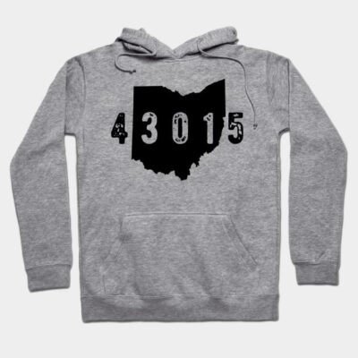 Gray hoodie with black Ohio map and 43015 print, casual style, cotton blend, suitable for everyday wear.