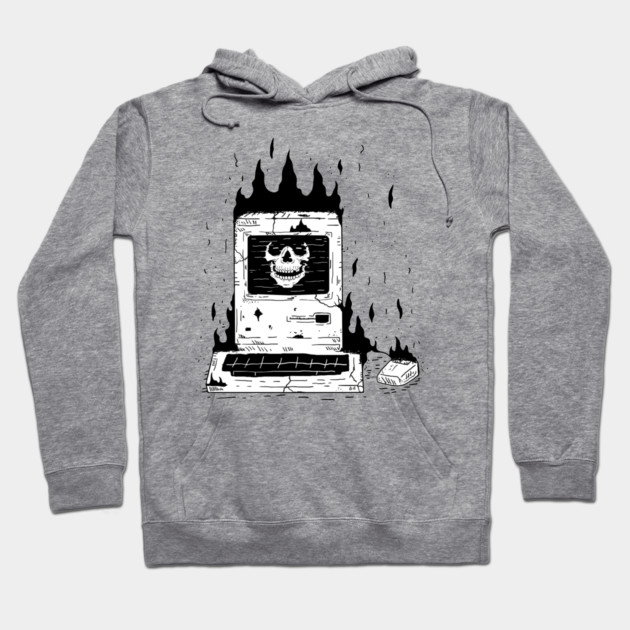 Gray hoodie featuring a vintage computer graphic with skull design, perfect for casual wear, cotton material.