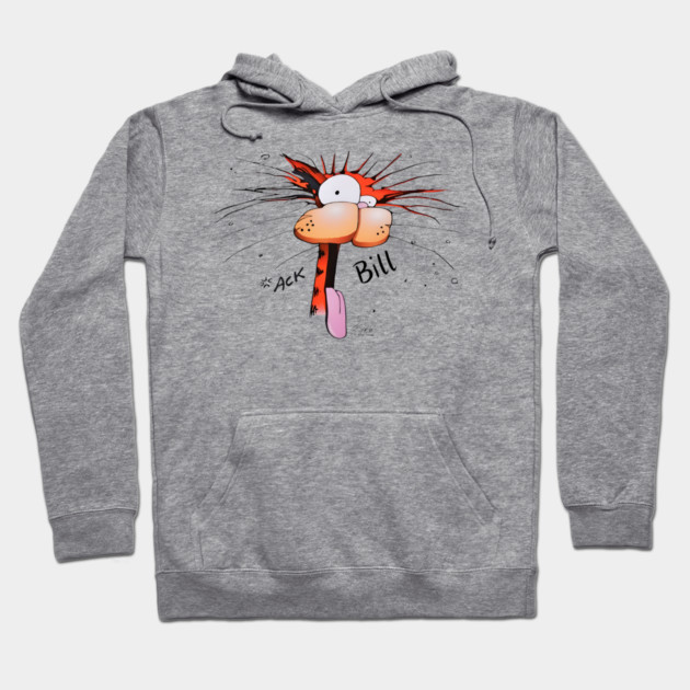 Gray cartoon-themed hoodie with front pocket, featuring a colorful graphic of a quirky character and playful text.