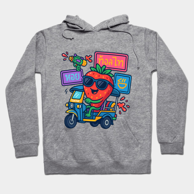 Gray hoodie with colorful cartoon strawberry and tuk-tuk design, casual style, perfect for playful everyday wear.