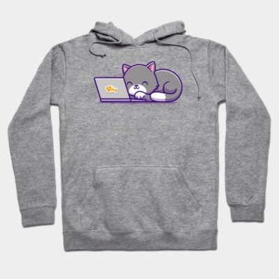 Gray hoodie with cute cat laptop graphic, cozy cotton blend, casual style for everyday wear.