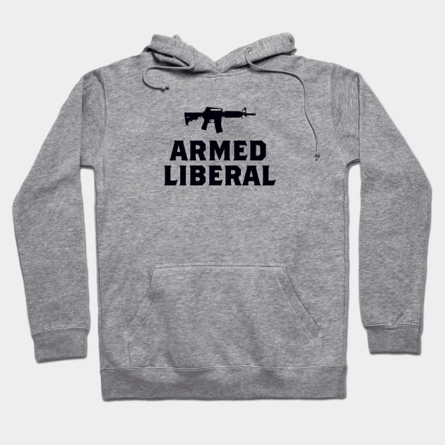 Gray hoodie with "Armed Liberal" text and graphic, cotton blend, casual wear, unisex, warm and comfortable.