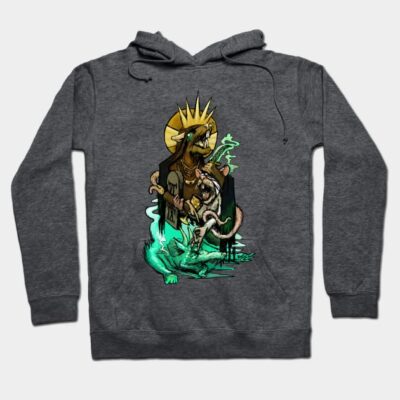 Gray hoodie with artistic animal design, featuring a crown and vibrant colors, perfect for casual wear and comfort.