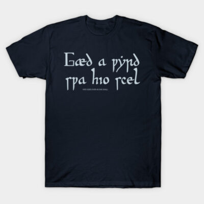 "Black t-shirt with runic text design, casual style, cotton material, perfect for everyday wear."