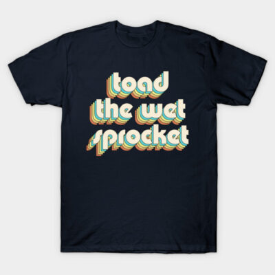 Navy blue T-shirt with retro multicolor text design, casual unisex style, ideal for everyday wear.