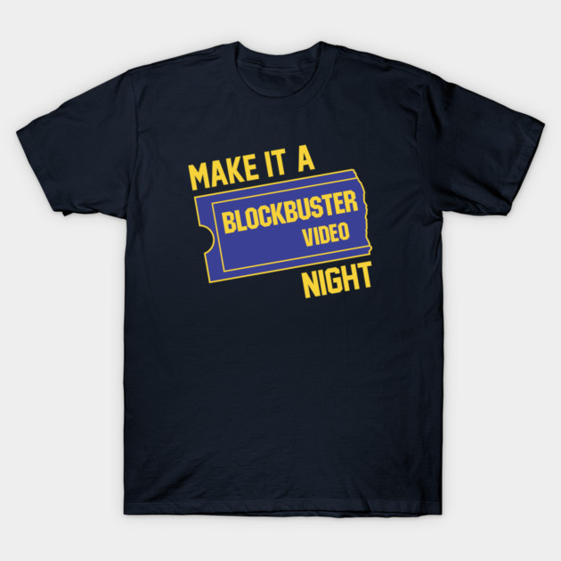 Navy blue t-shirt with retro "Make It a Blockbuster Video Night" graphic, casual wear, cotton material.