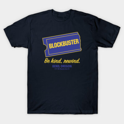 Navy blue t-shirt with vintage Blockbuster logo and "Be kind, rewind" slogan, casual cotton style.