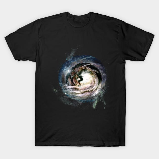 Black T-shirt with cosmic wave design, cotton material, casual style, suitable for daily wear.