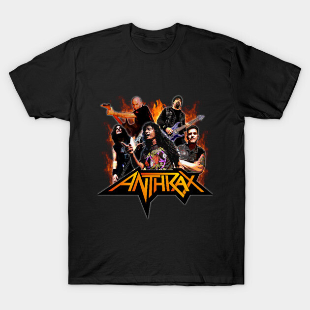 Black Anthrax band graphic T-shirt, fiery design, casual wear, 100% cotton, unisex.
