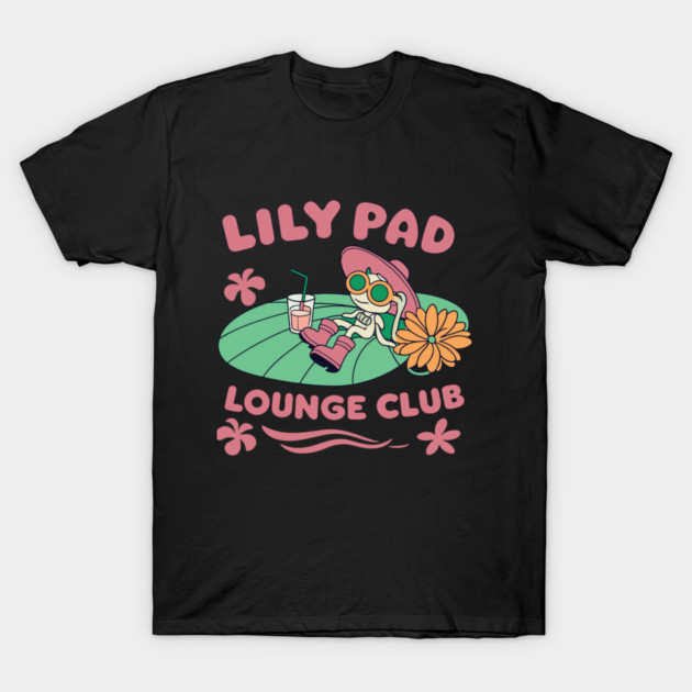Black t-shirt with "Lily Pad Lounge Club" graphic in pink and green, featuring a lounging frog with a drink.