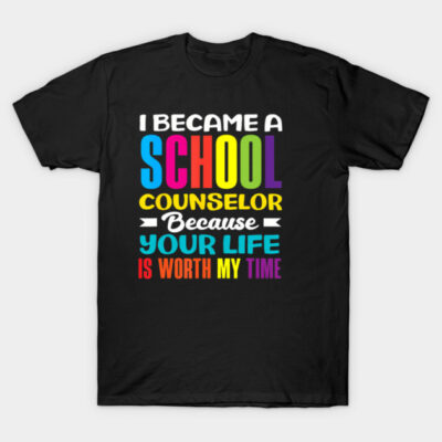 Black t-shirt with colorful text design, "I Became a School Counselor," made from 100% cotton, casual wear.