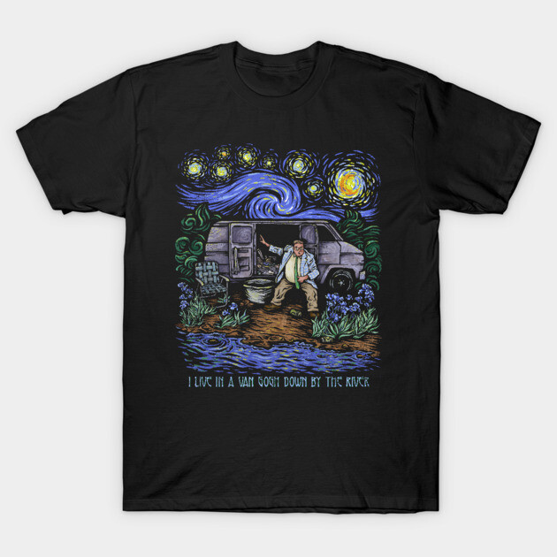 Black graphic t-shirt featuring a night van scene with starry sky design, perfect for casual wear and art lovers.