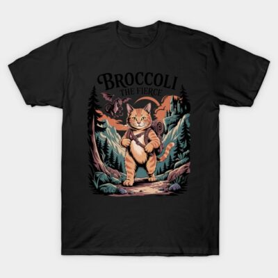 Black T-shirt featuring "Broccoli the Fierce" cat design, adventure theme, perfect for casual wear and cat lovers.