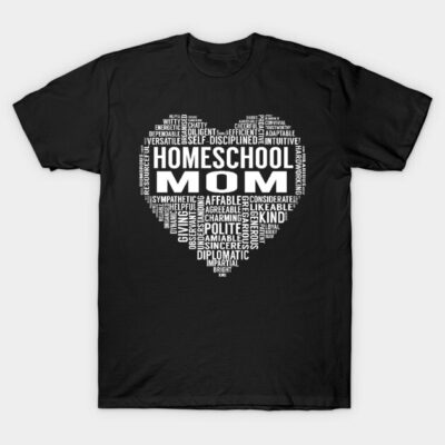 Black "Homeschool Mom" T-shirt with heart-shaped word art, ideal for casual wear, made from soft cotton.