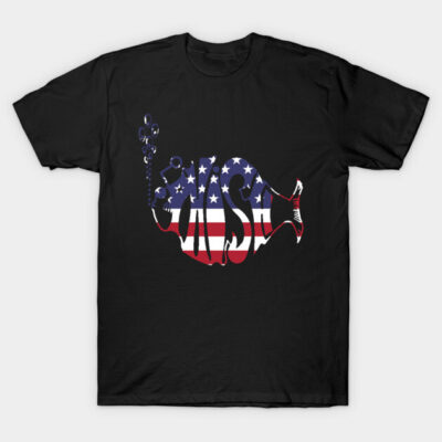 Black T-shirt with American flag fish graphic, casual style, cotton material, ideal for everyday wear.