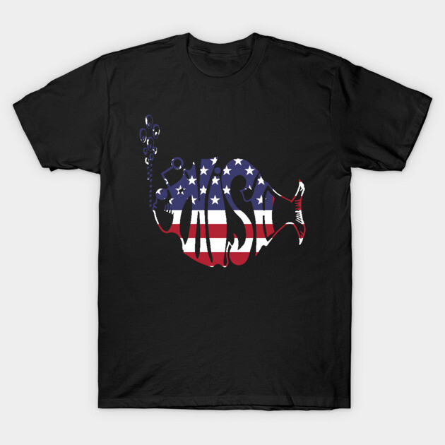 Black T-shirt with American flag fish graphic, casual style, cotton material, ideal for everyday wear.