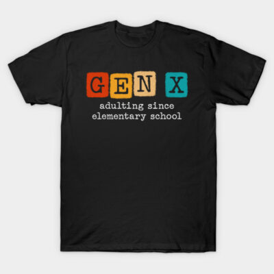 Black "Gen X Adulting" t-shirt, colorful block letters, casual style, cotton fabric, perfect for everyday wear.