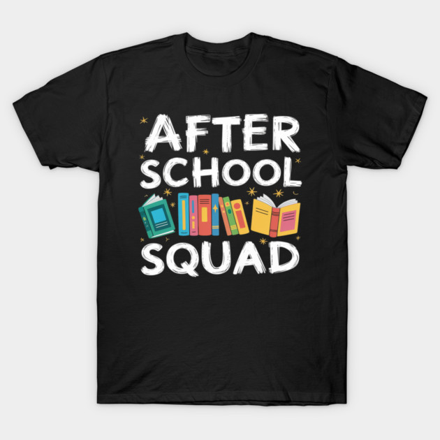 Black t-shirt with "After School Squad" text and colorful book graphics, perfect for casual wear and book lovers.