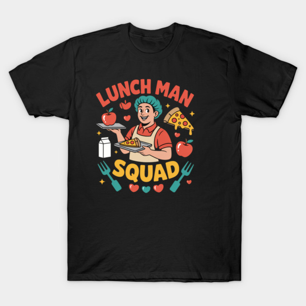 Black "Lunch Man Squad" graphic T-shirt featuring colorful food-themed design. Casual style, ideal for everyday wear.