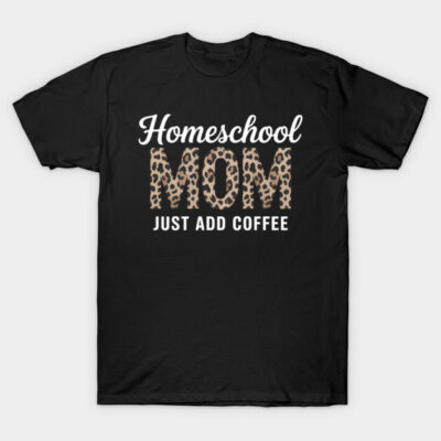 Black "Homeschool Mom" t-shirt with leopard print design, casual style, perfect for coffee lovers, cotton material.
