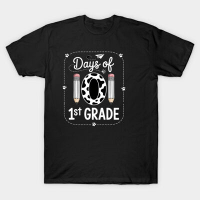 Black 100 Days of 1st Grade T-shirt with cow print design and pencils, perfect for school celebrations.