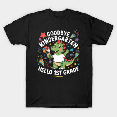 Black t-shirt with colorful dinosaur graphic, "Goodbye Kindergarten, Hello 1st Grade" text, fun school style.