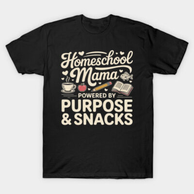 Black "Homeschool Mama" T-shirt with playful text and graphics, casual style, ideal for comfortable everyday wear.