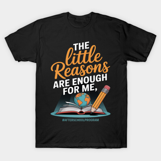 Black cotton t-shirt with educational-themed design, featuring globe, pencil, and motivational text for after-school programs.
