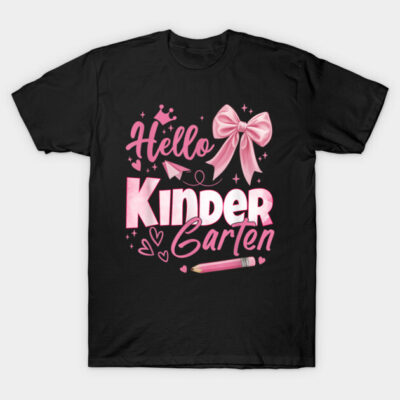 Black t-shirt with "Hello Kindergarten" pink graphic, featuring bow, pencil, and hearts. Perfect for school occasions.