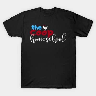Black "The Coop Homeschool" T-shirt with colorful text design, casual style, perfect for everyday wear.